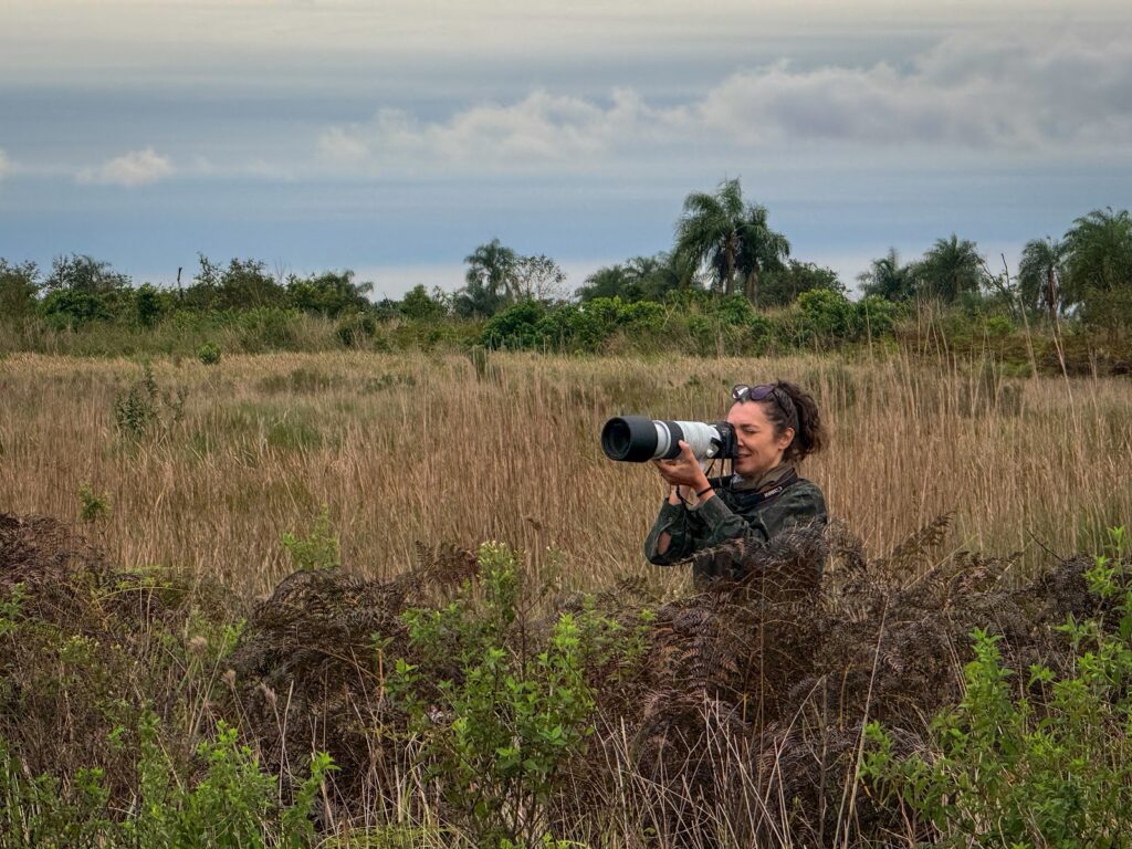 Participante fotografando aves em meio ao capim nas várzeas do Rio Ivinhema